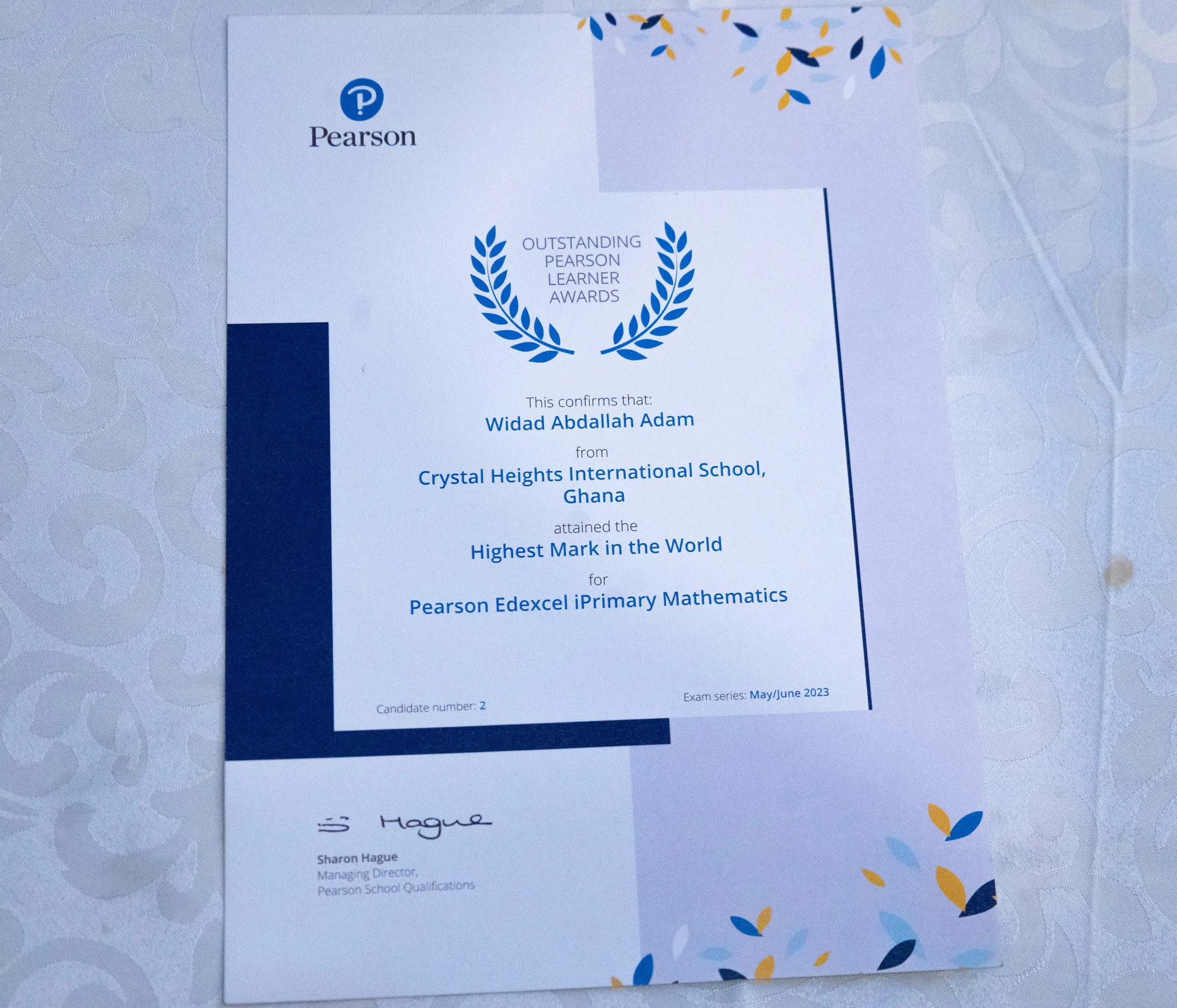 An Outstanding Pearson Learner Award certificate for the Highest Mark in the World